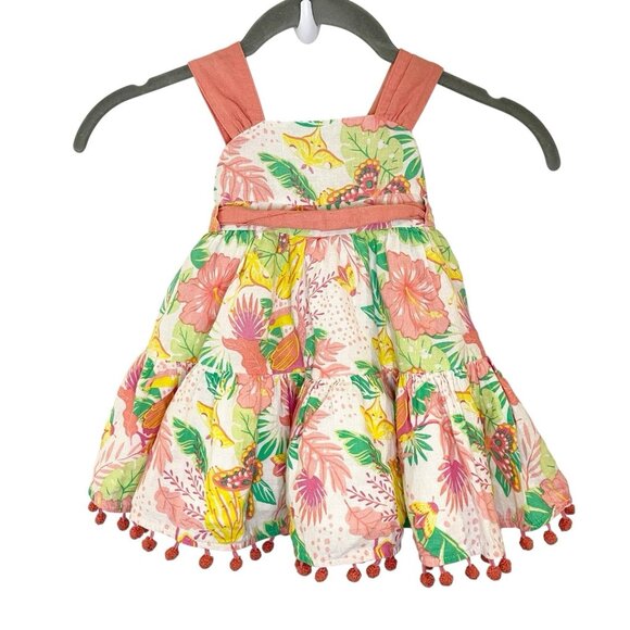 Tommy Bahama Dress Baby Girls 12M Tropical Floral Bug Pom Pom Trim Linen - Picture 1 of 7